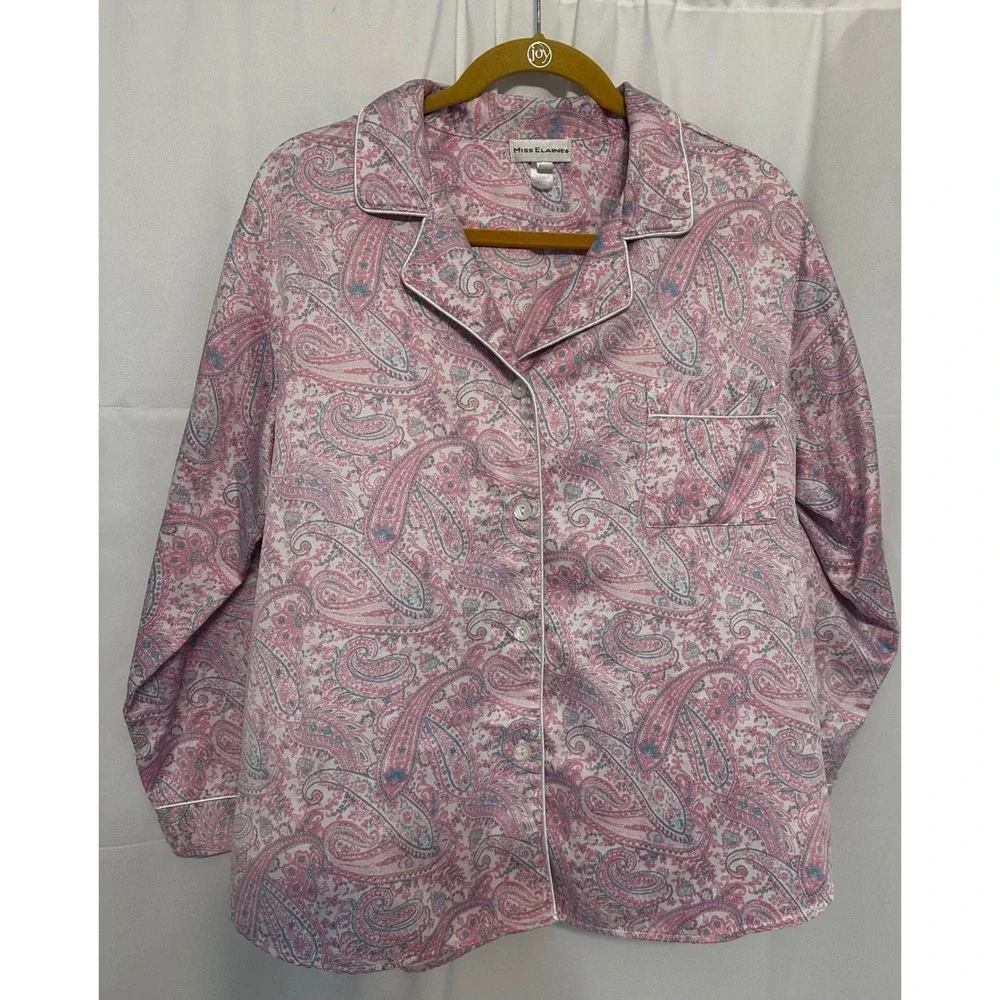 Miss Elaine Pajama Set Pink Blue Paisley Button Front Top Elastic Pants Large